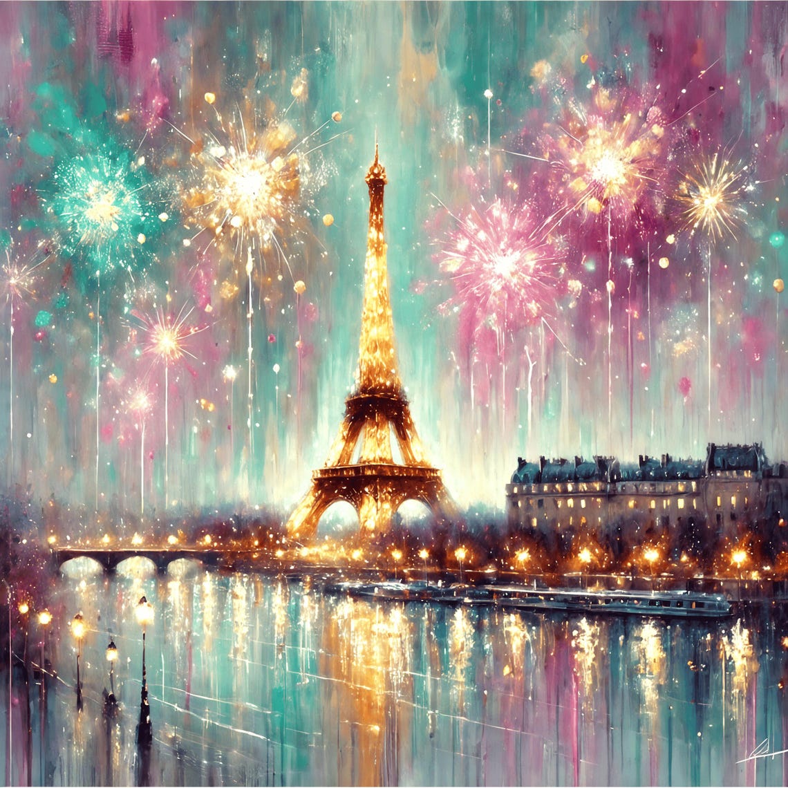 Paris Eiffel Tower Golden Fireworks Celebration Night Art Poster