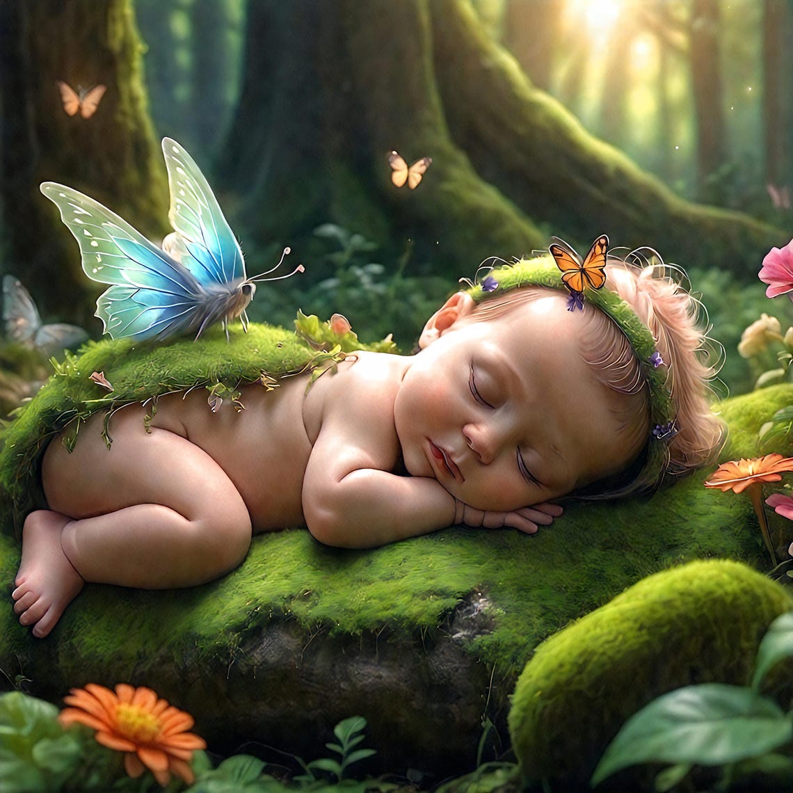 Enchanted Sleeping Baby with Butterfly Wings Forest Nursery Print