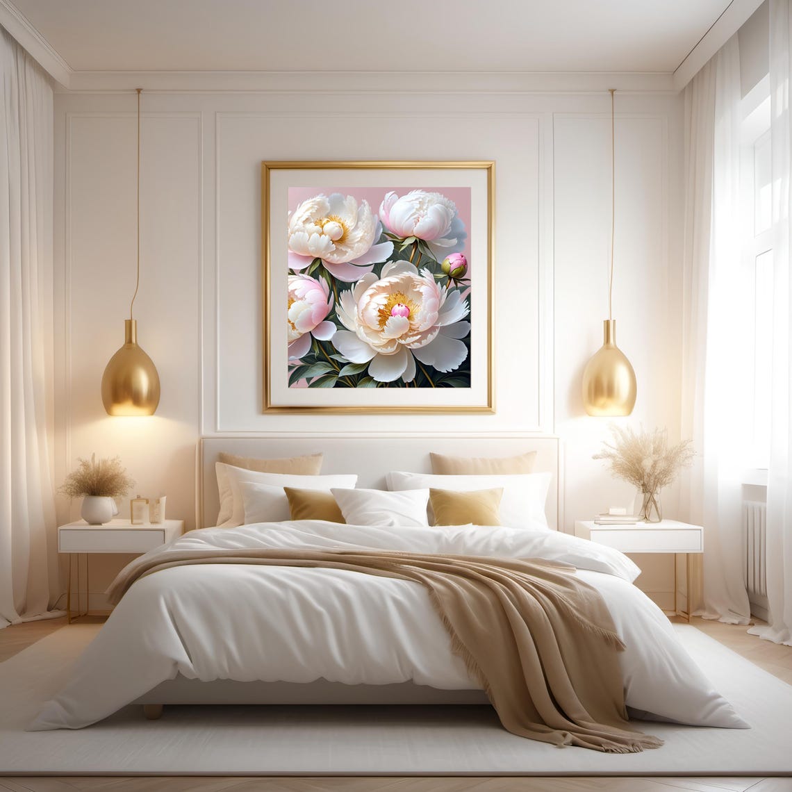 White Pink Peony Blossoms Close Up Soft Floral Botanical Poster - Image 2