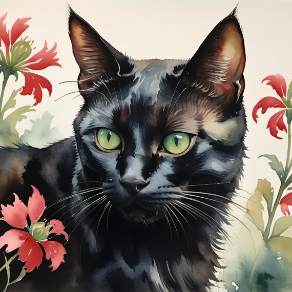 Black Cat Striking Green Eyes Red Blossom Watercolor Art Print