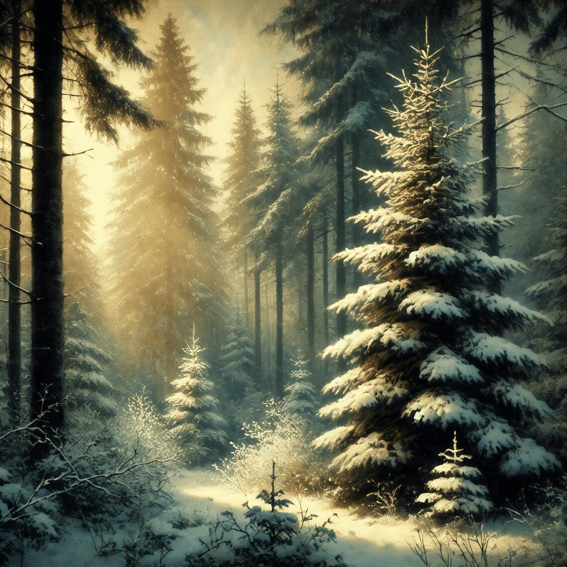 Snowy Evergreen Forest Golden Winter Light Serene Landscape Print