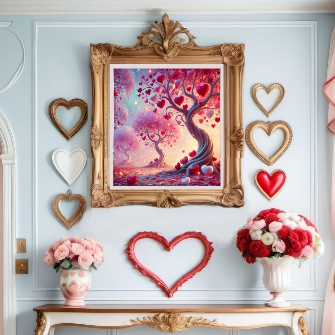 Whimsical Valentine Heart Trees in Magical Pink Forest Wall Art - Image 3