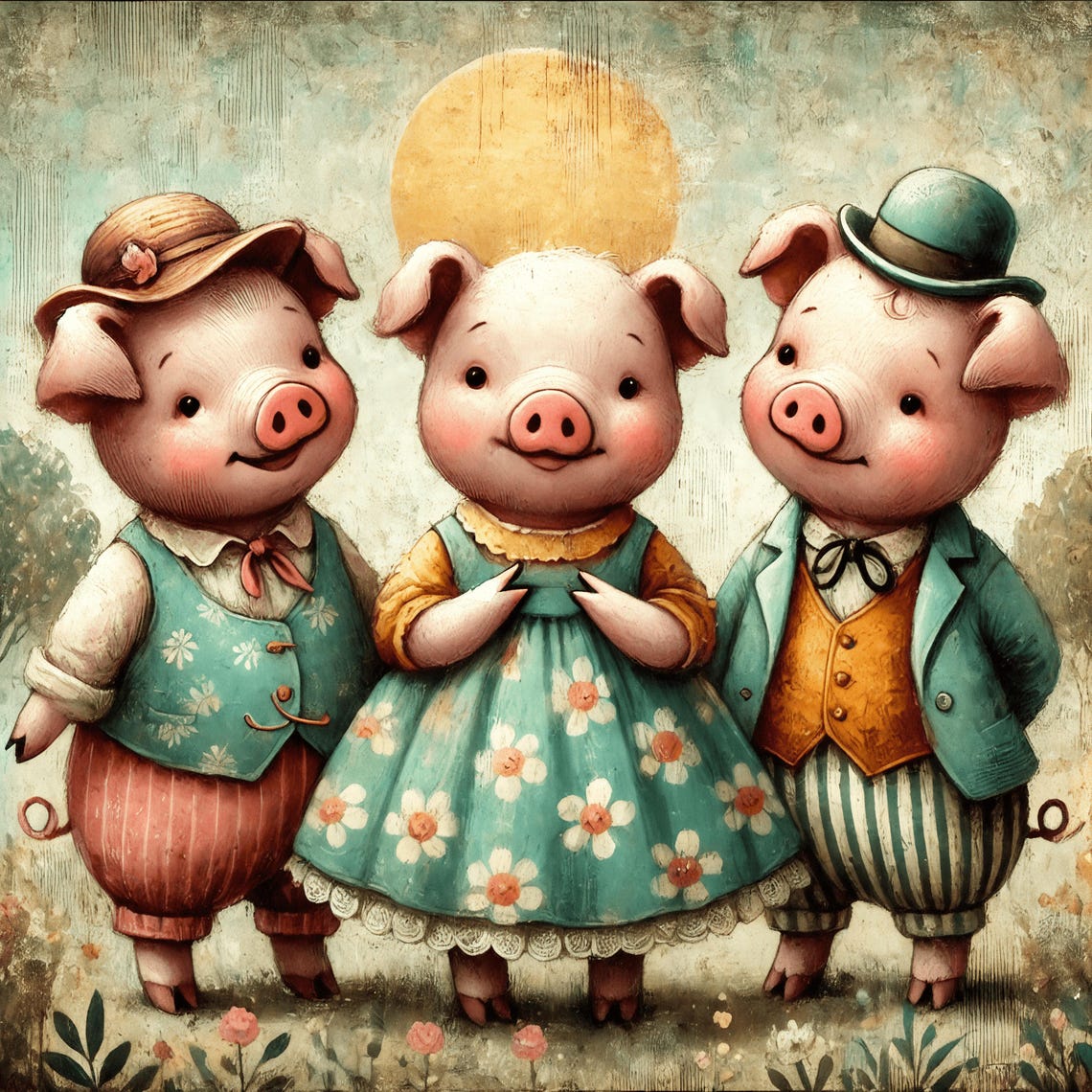 Three Little Pigs In Vintage Dress Up Clothes Storybook Art Poster