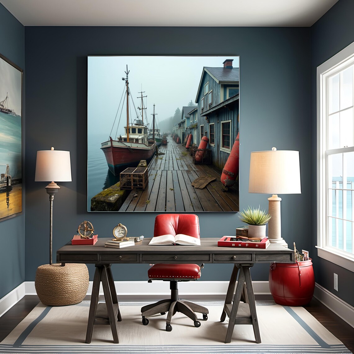 Rustic Foggy Wharf With Vintage Boats, Wall Art Print - Image 2