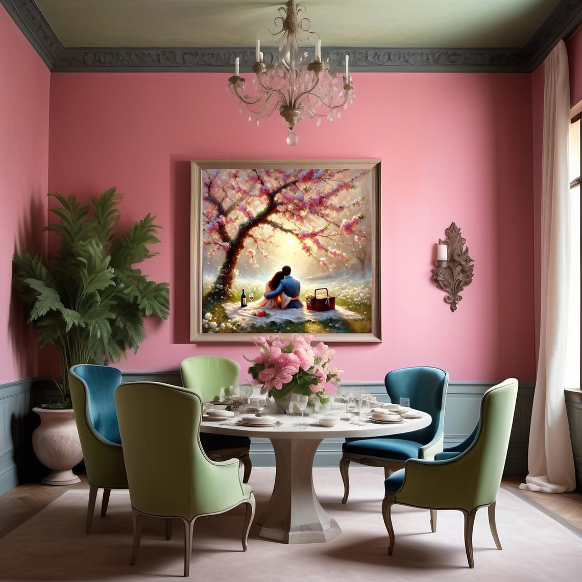 Romantic Couple Picnic Under Cherry Blossoms at Sunset Wall Art - Image 2