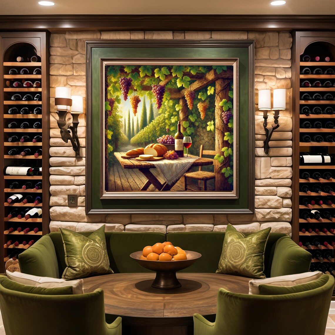 Tuscan Vineyard Pergola Wine Bottle Bread Cheese Harvest Table Scene Poster - Image 3