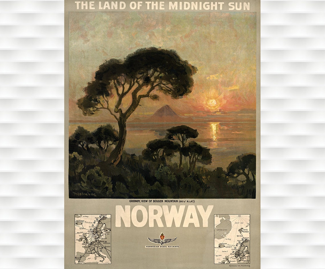 Norway Land Of The Midnight Sun Vintage Travel Railway Poster
