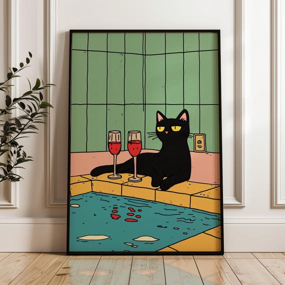Romantic Cat Poster Funny Comedy Animal Art Print Bathroom Decor Vintage Unique Artsy Comical Kids Room