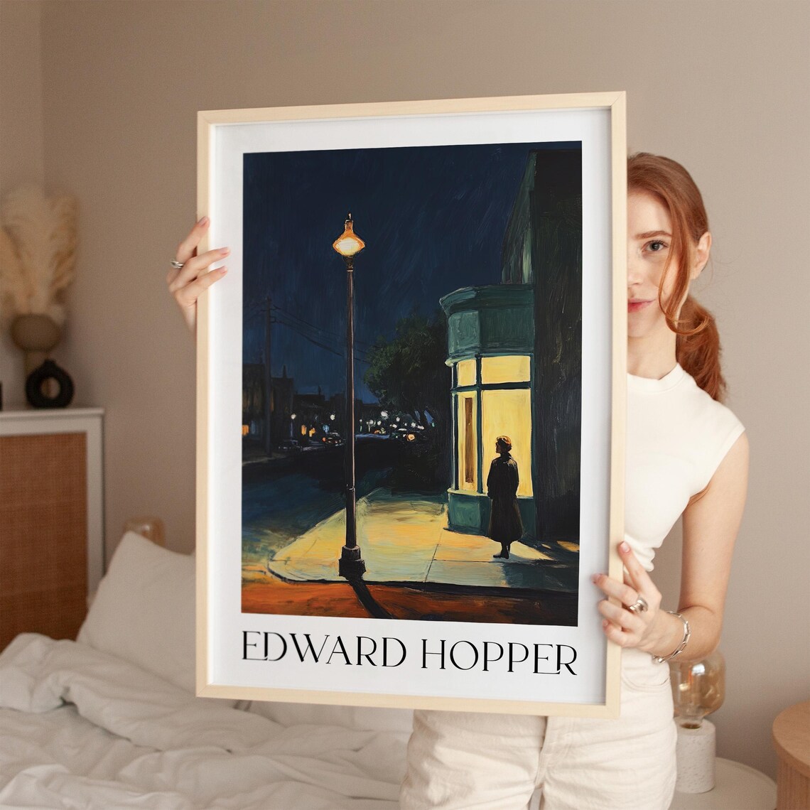Edward Hopper Night Street Lamp Storefront Painting Repro Art Poster