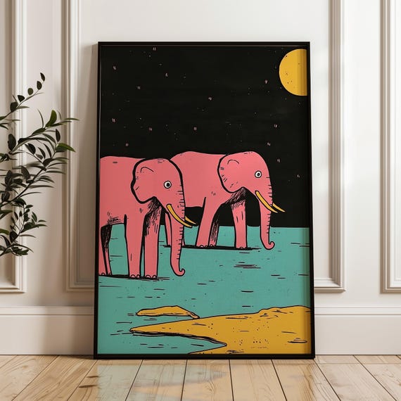 Funny Comedy Animal Art Print Pink Elephant Poster Nursery Decor Vintage Unique Artsy Comical Kids Room