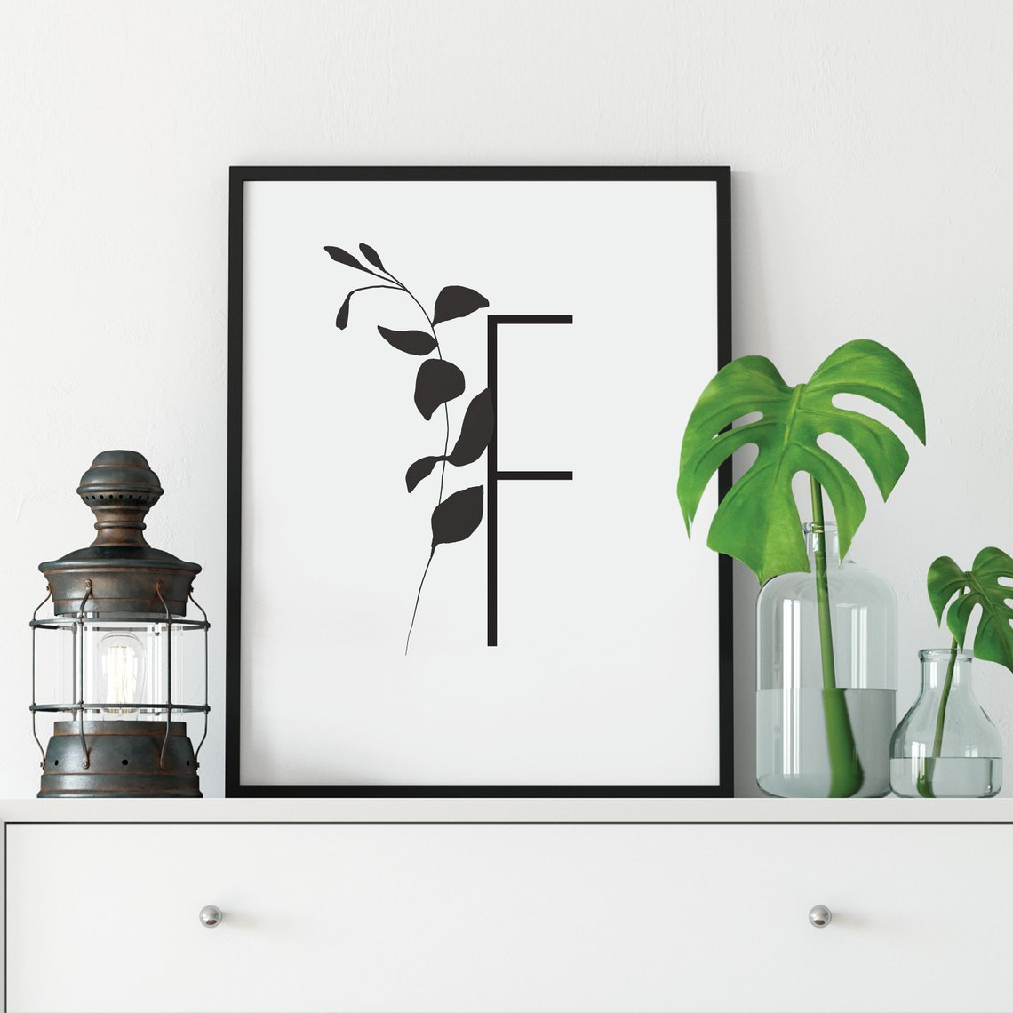Monogram Letter F Black Botanical Sprig Initial Framed Art Print