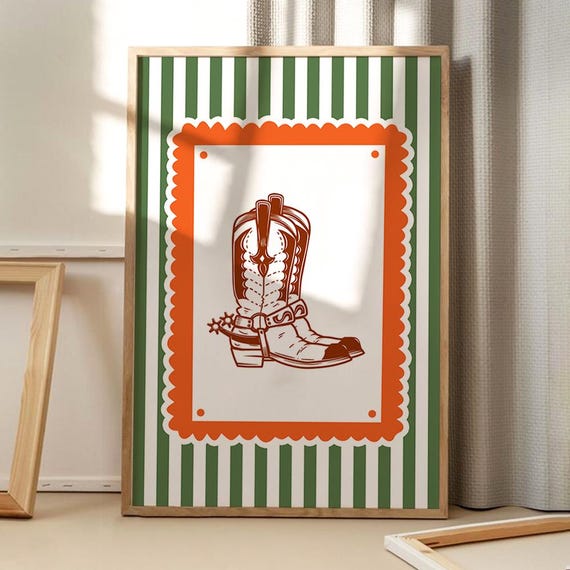 Striped Cowboy Boots Green And Orange Art Poster Trendy Wall Girls Decor Retro Home Print Printed Gift