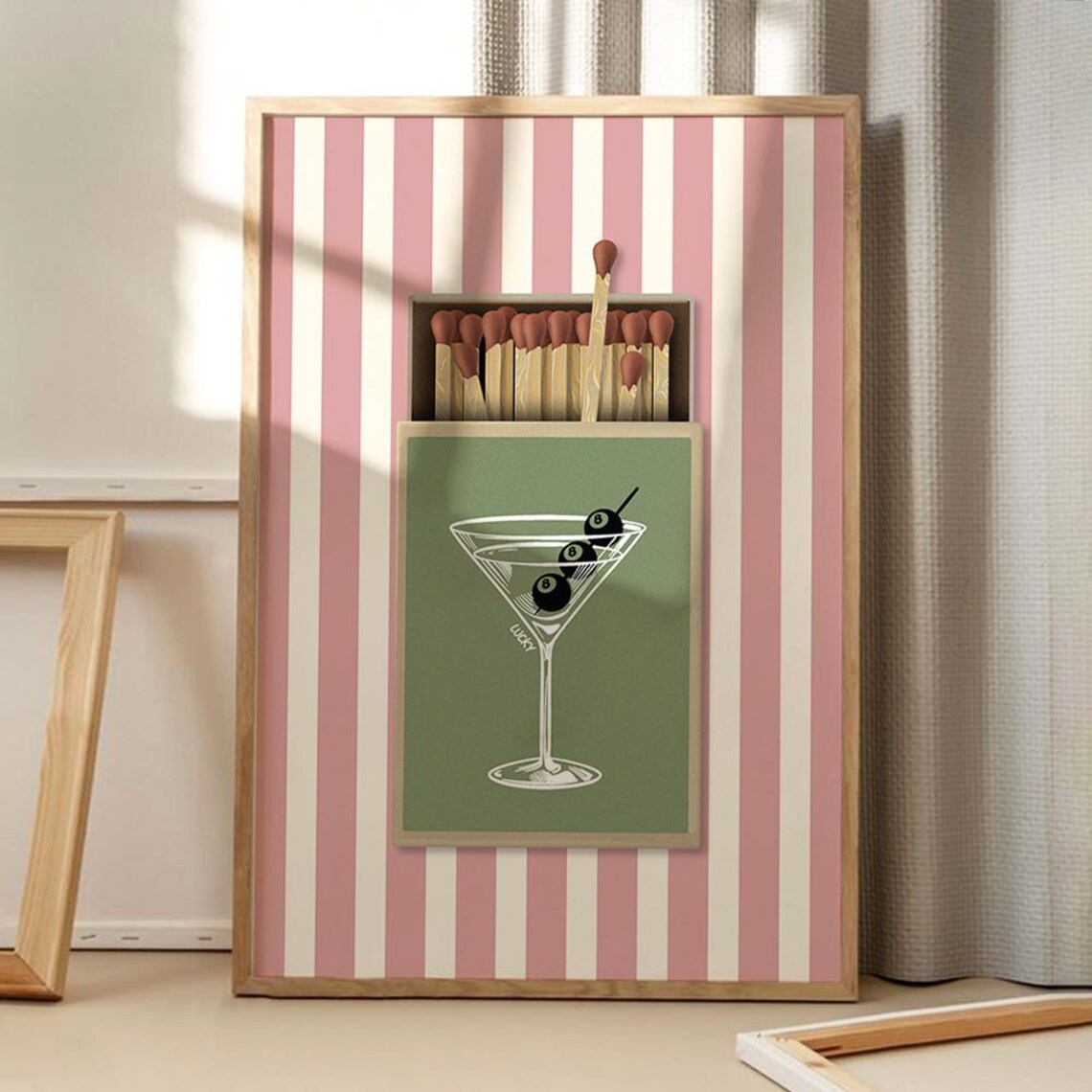 Retro Matchbox Martini Cocktail Olive 8 Ball Striped Art Poster