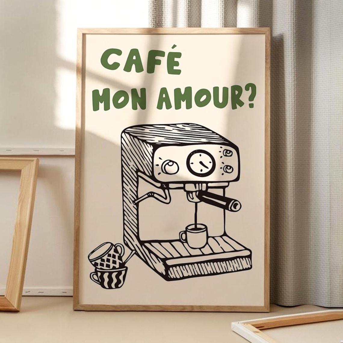 Cafe Mon Amour Espresso Machine Hand Drawn French Kitchen Poster Art