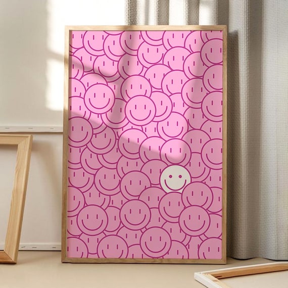 Pink Smiley Faces Pattern Happy Retro Trendy Positive Poster