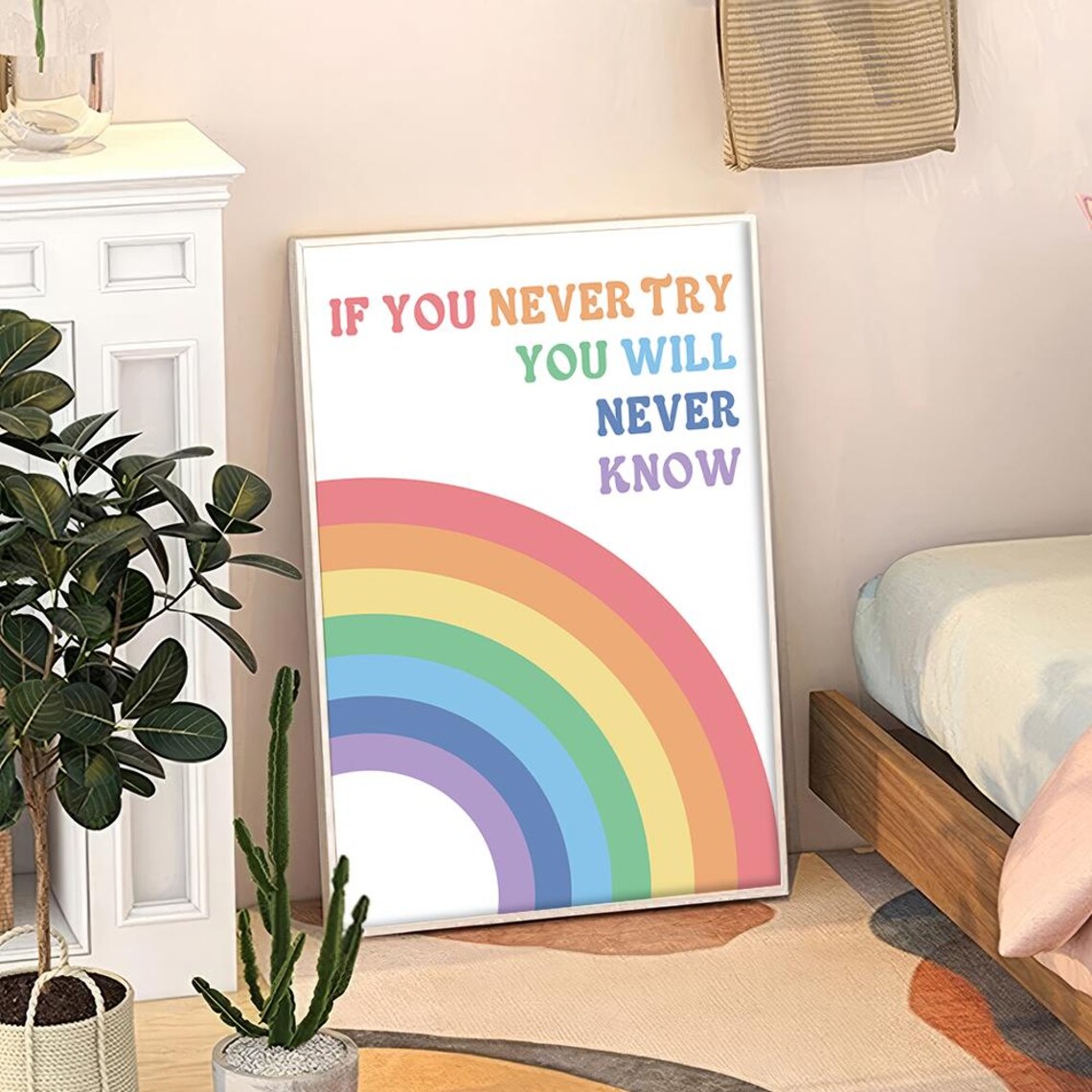 If You Never Try You Will Never Know Rainbow Quote Poster for Kids Room