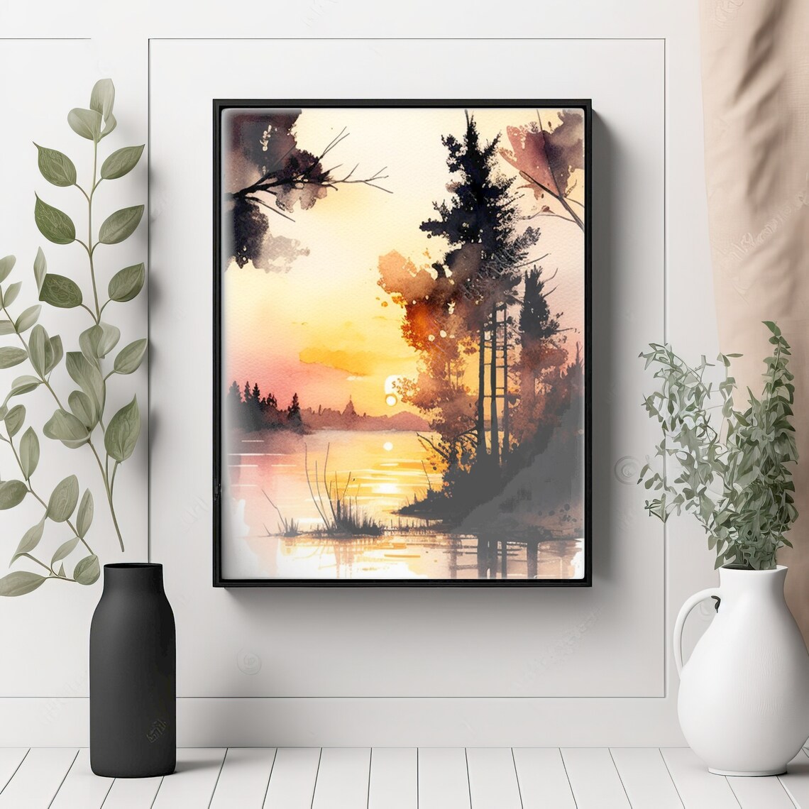 Warm Golden Sunset Over a Pine Lake Watercolor Landscape Poster - Image 2