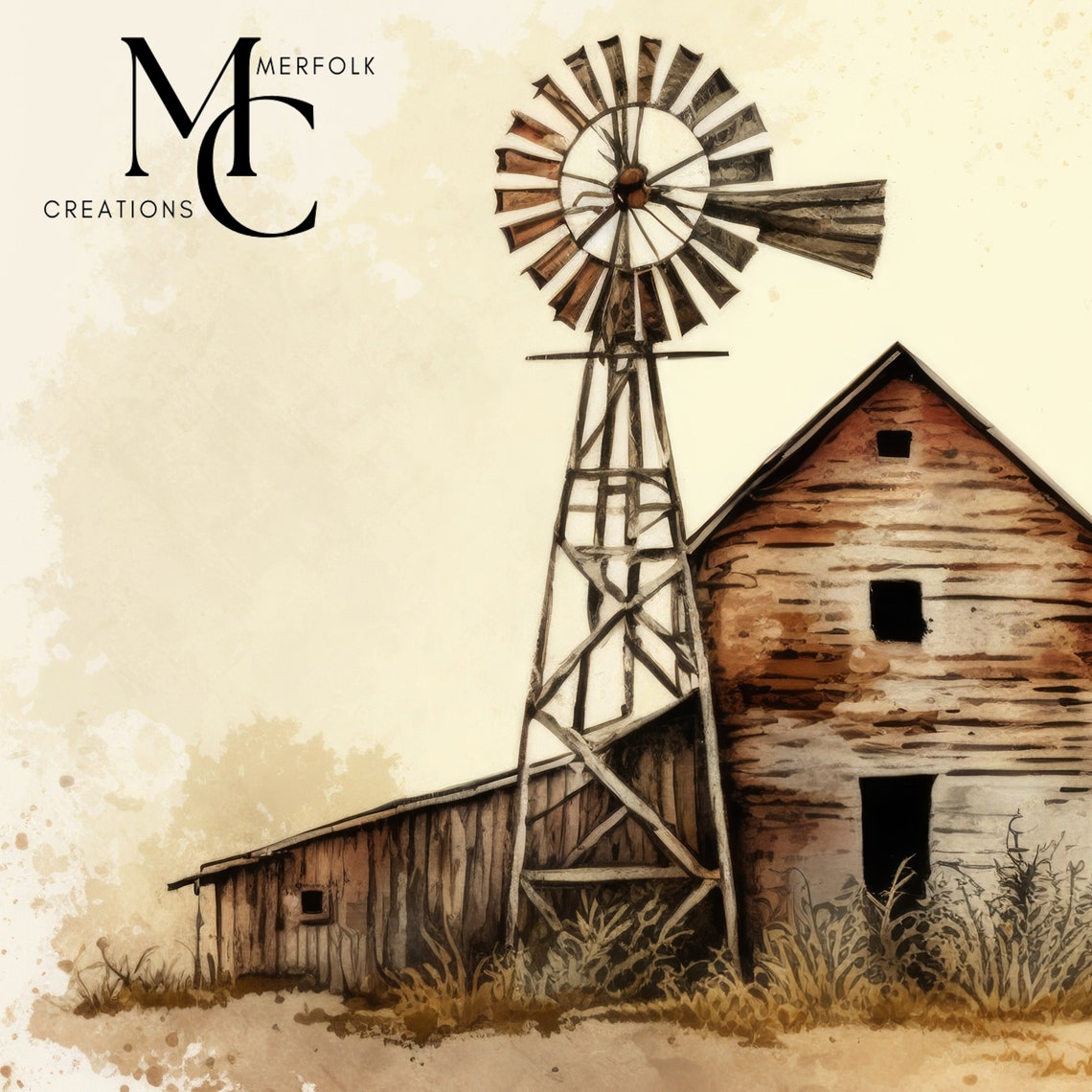 Rustic Barn with Old Windmill Sepia Watercolor Farm Landscape Poster - Image 3