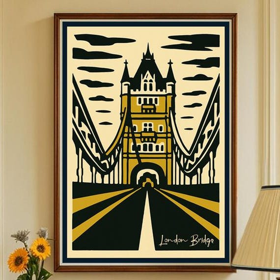 London Bridge Art Print Tower Poster Vintage Linocut Illustration Travel Wall In Black Gold