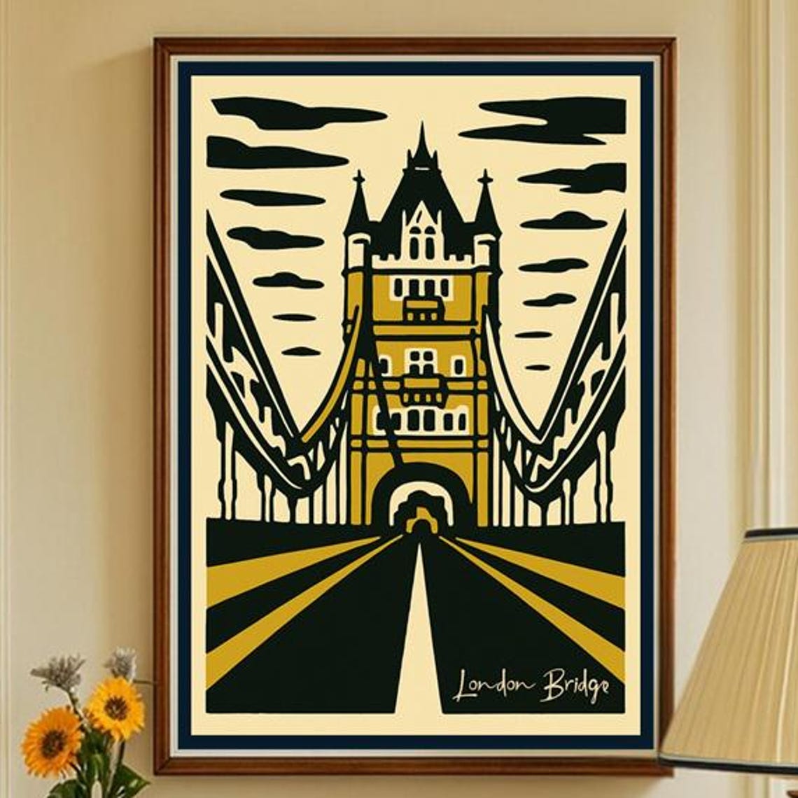 London Bridge Navy Gold Linocut Tower Architecture Art Poster