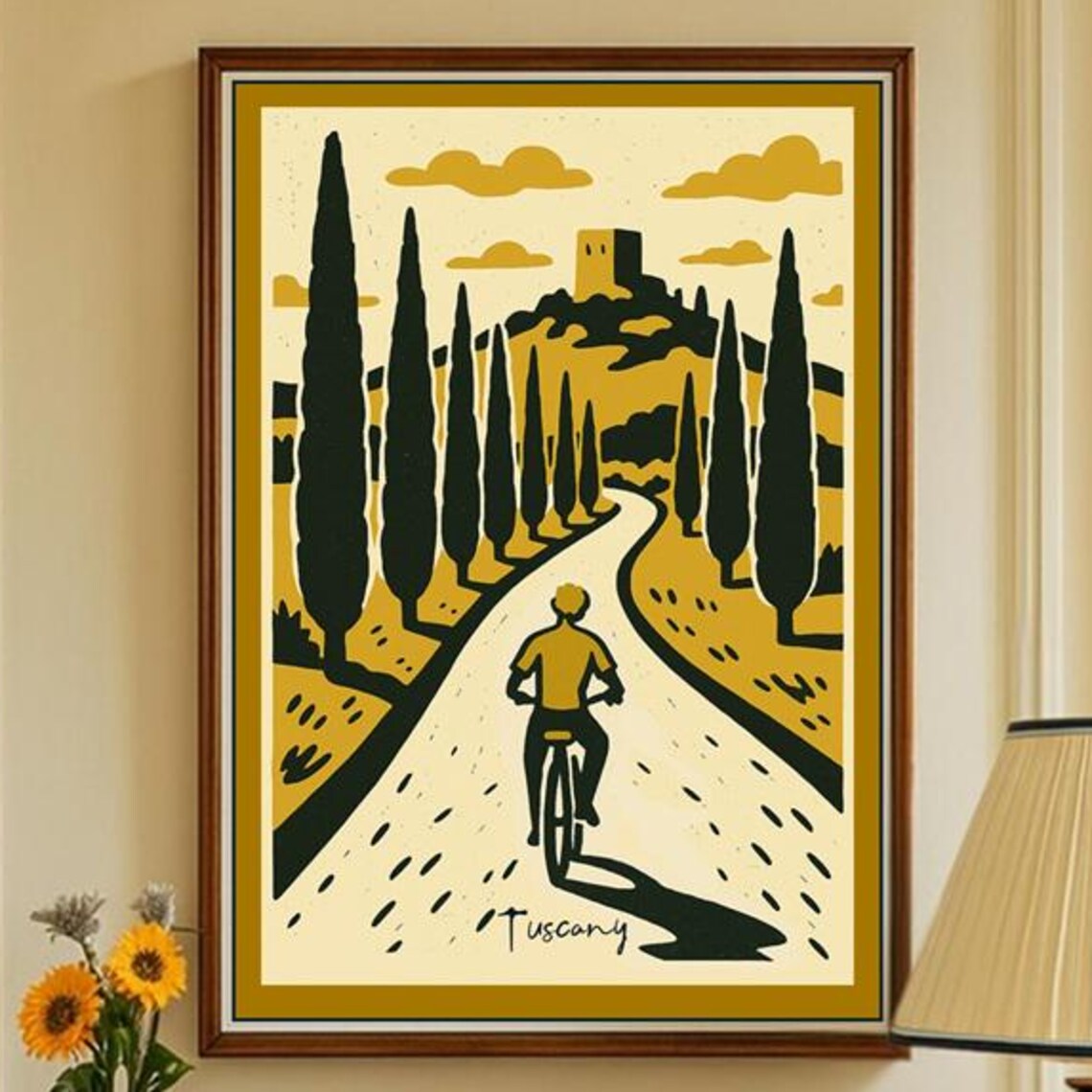 Tuscany Italy Cyclist Cypress Road Vintage Linocut Travel Poster