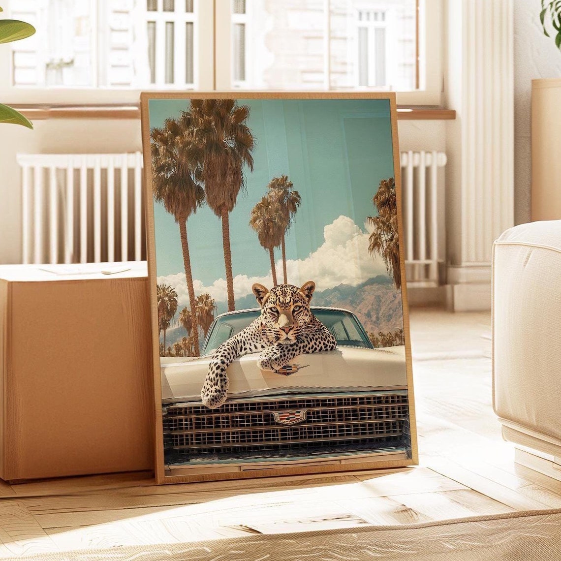 Leopard Draped Over White Cadillac Hood Beneath Palm Trees Poster - Image 5