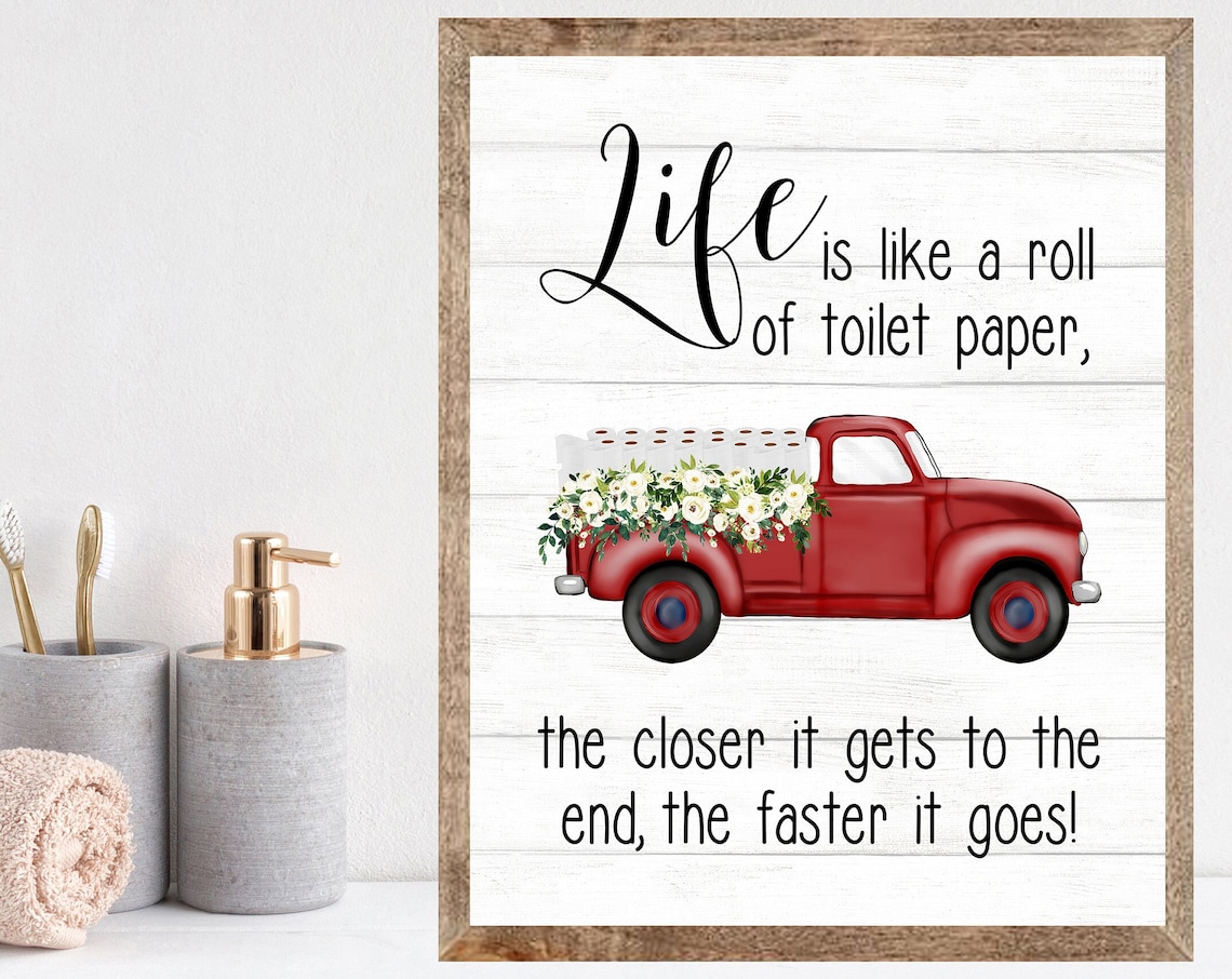 Life Quote Poster Red Vintage Truck With White Flowers Bathroom