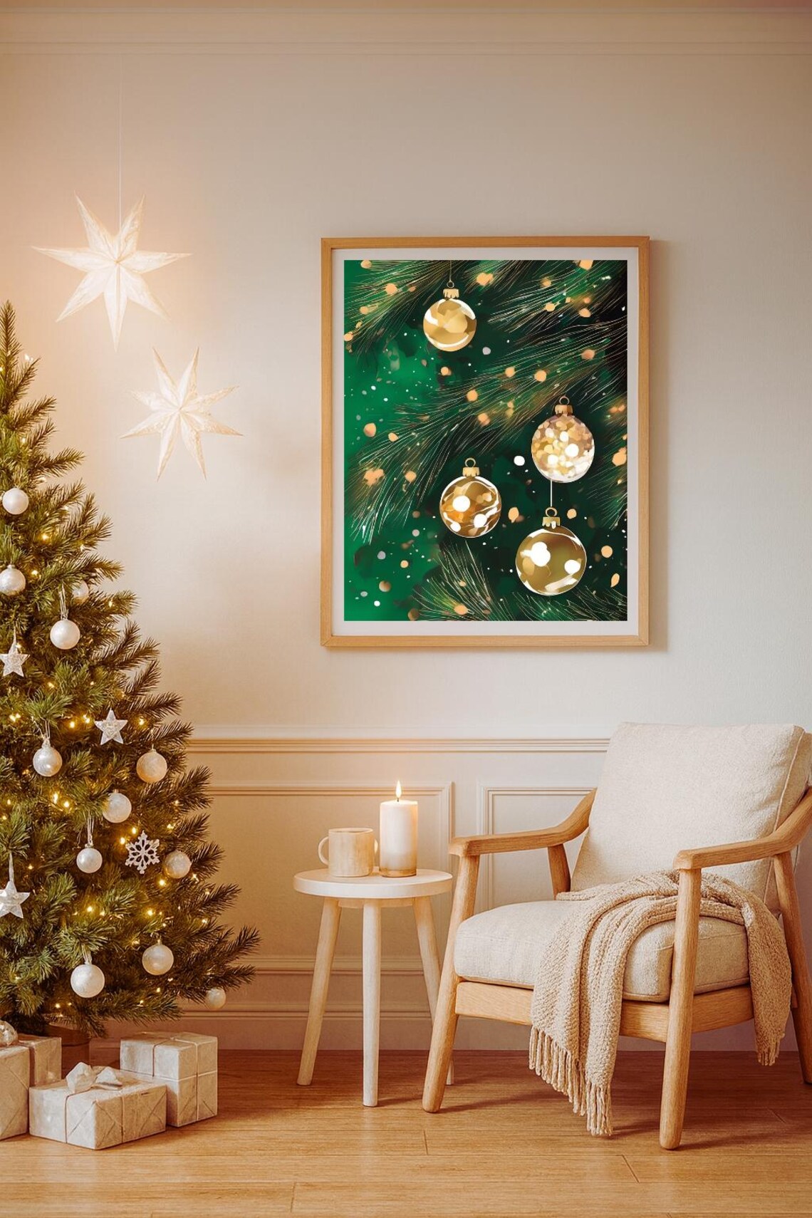 Gold Christmas Ornaments Painting Festive Green Holiday Bauble Poster
