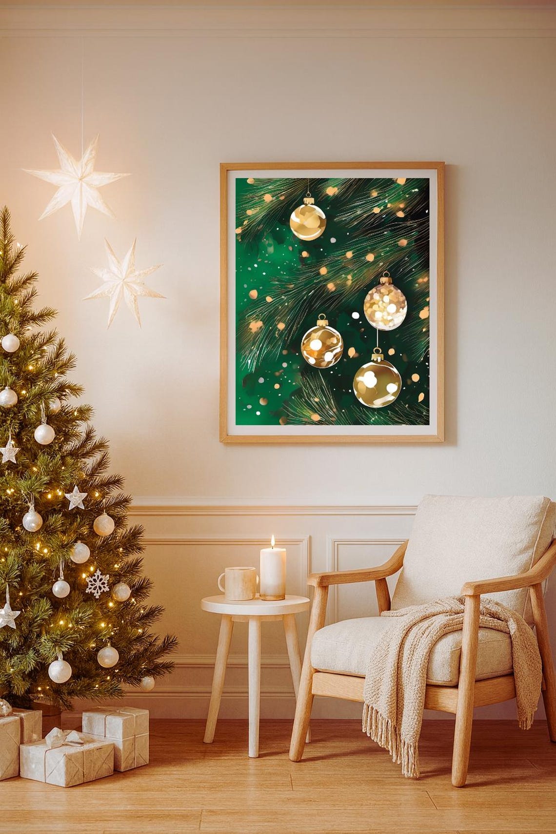 Gold Christmas Ornaments Print Festive Holiday Wall Art Baubles Elegant Green Xmas Decor