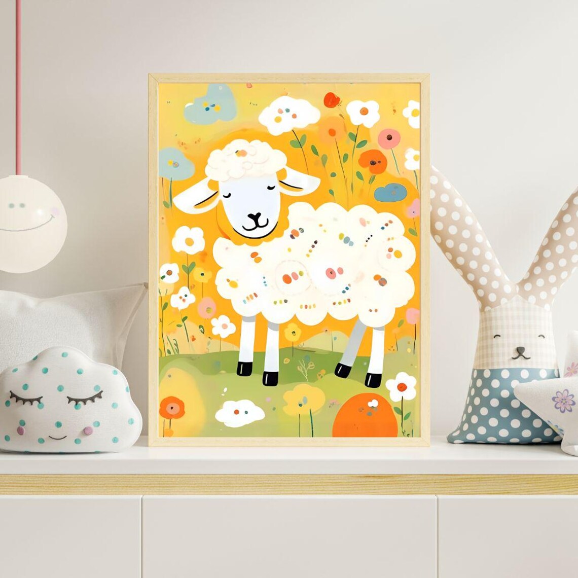 Cute Fluffy Sheep Flower Field Kids Nursery Farm Animal Wall Art Print - Image 4