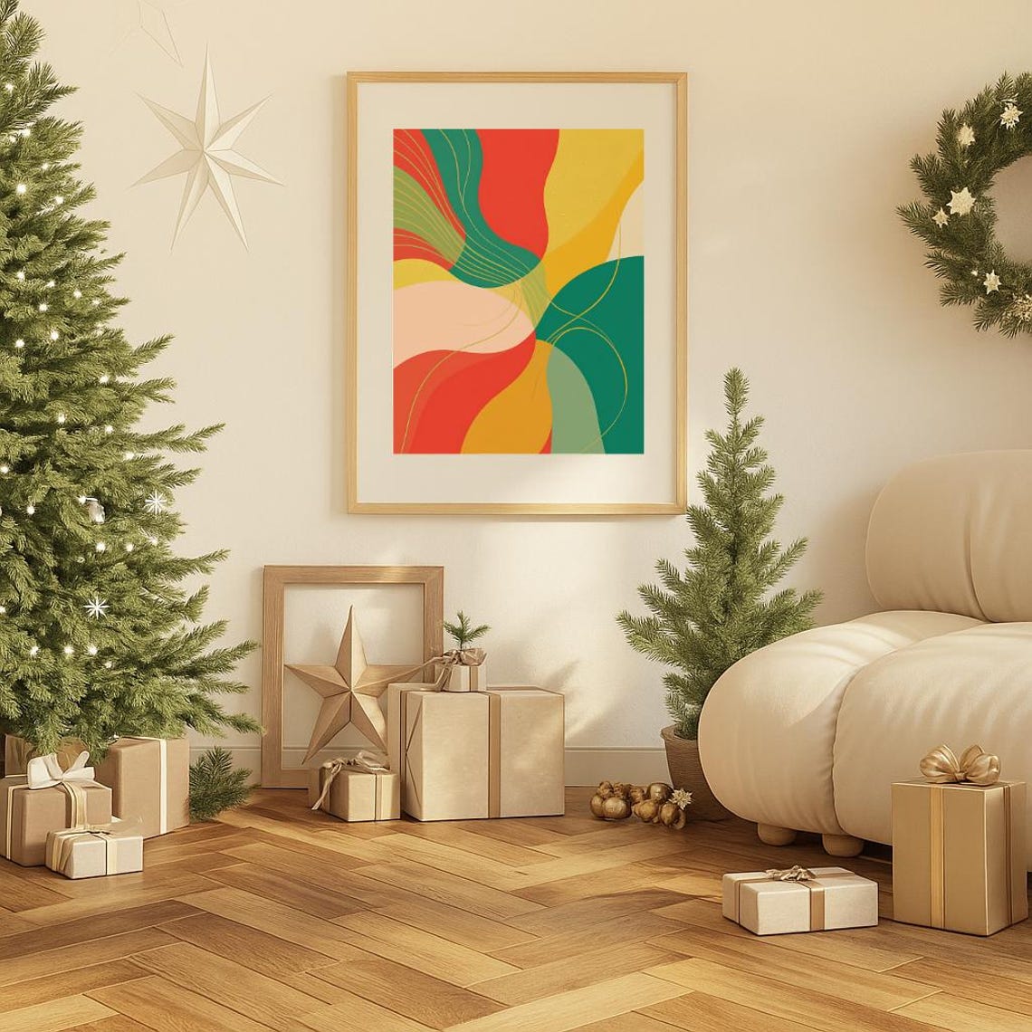 Retro Christmas Abstract Wall Art Midcentury Modern Holiday Decor Bold Red Green Print Festive Groovy Poster