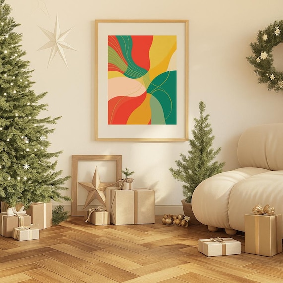 Retro Christmas Abstract Painting Red Green Groovy Holiday Art Poster