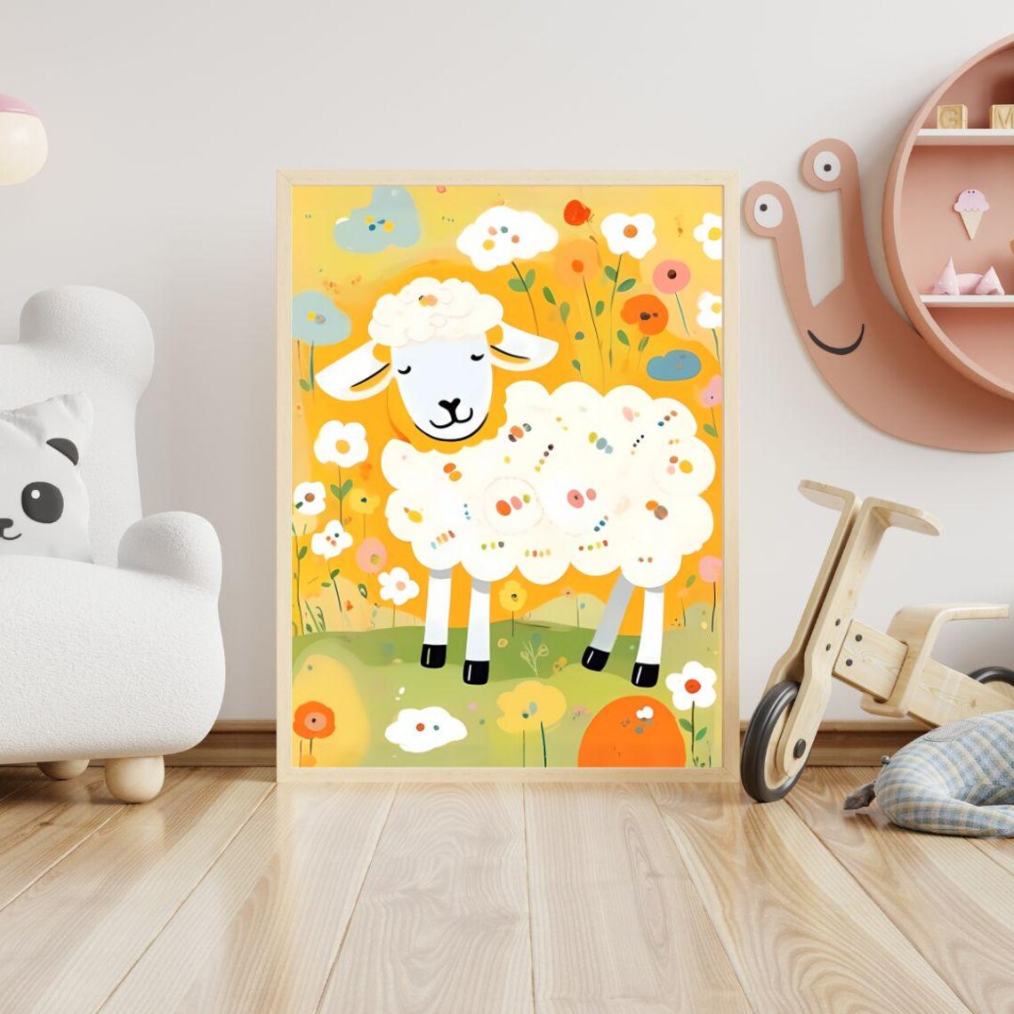 Cute Fluffy Sheep Flower Field Kids Nursery Farm Animal Wall Art Print