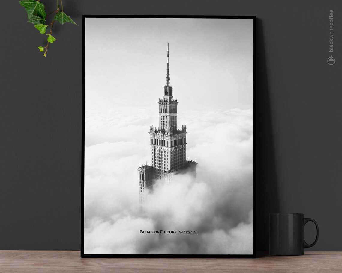 Palace Of Culture Warsaw In Clouds Captioned Black White Photo Poster