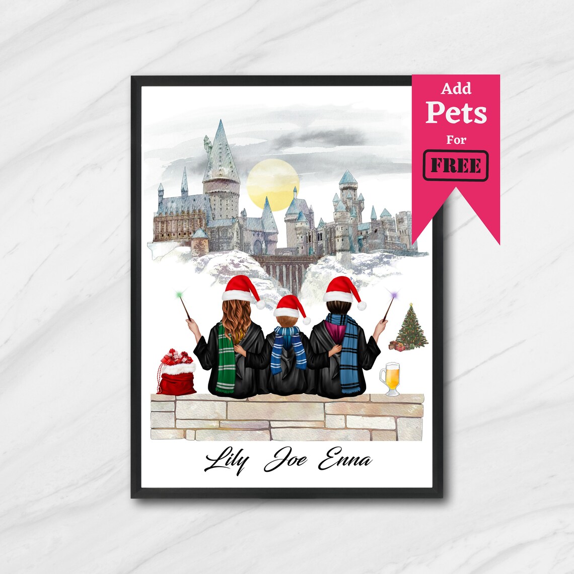 Personalised Wizard Friends Christmas Art Print