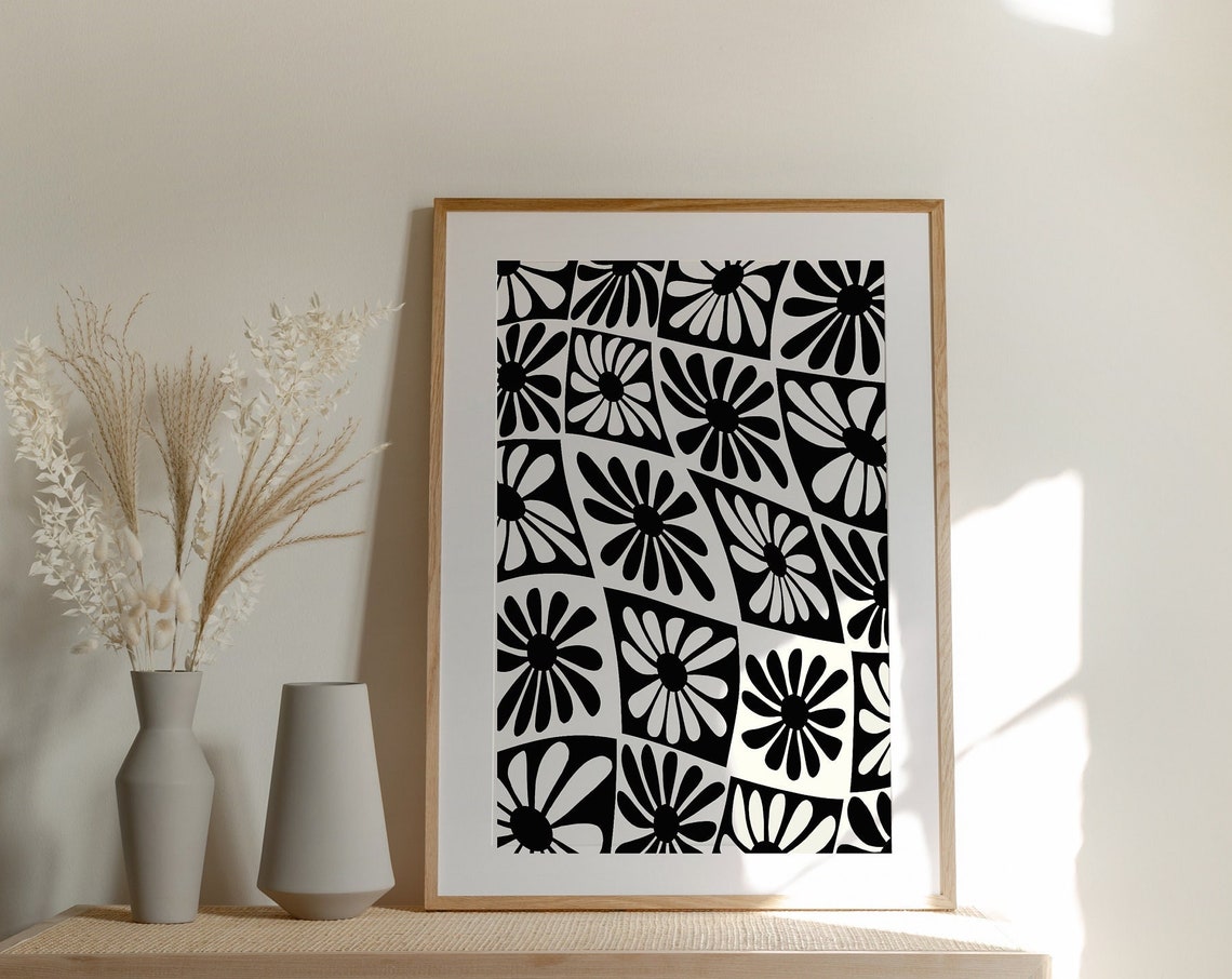 Retro Black White Daisy Flower Checkered Wavy Pattern Art Poster