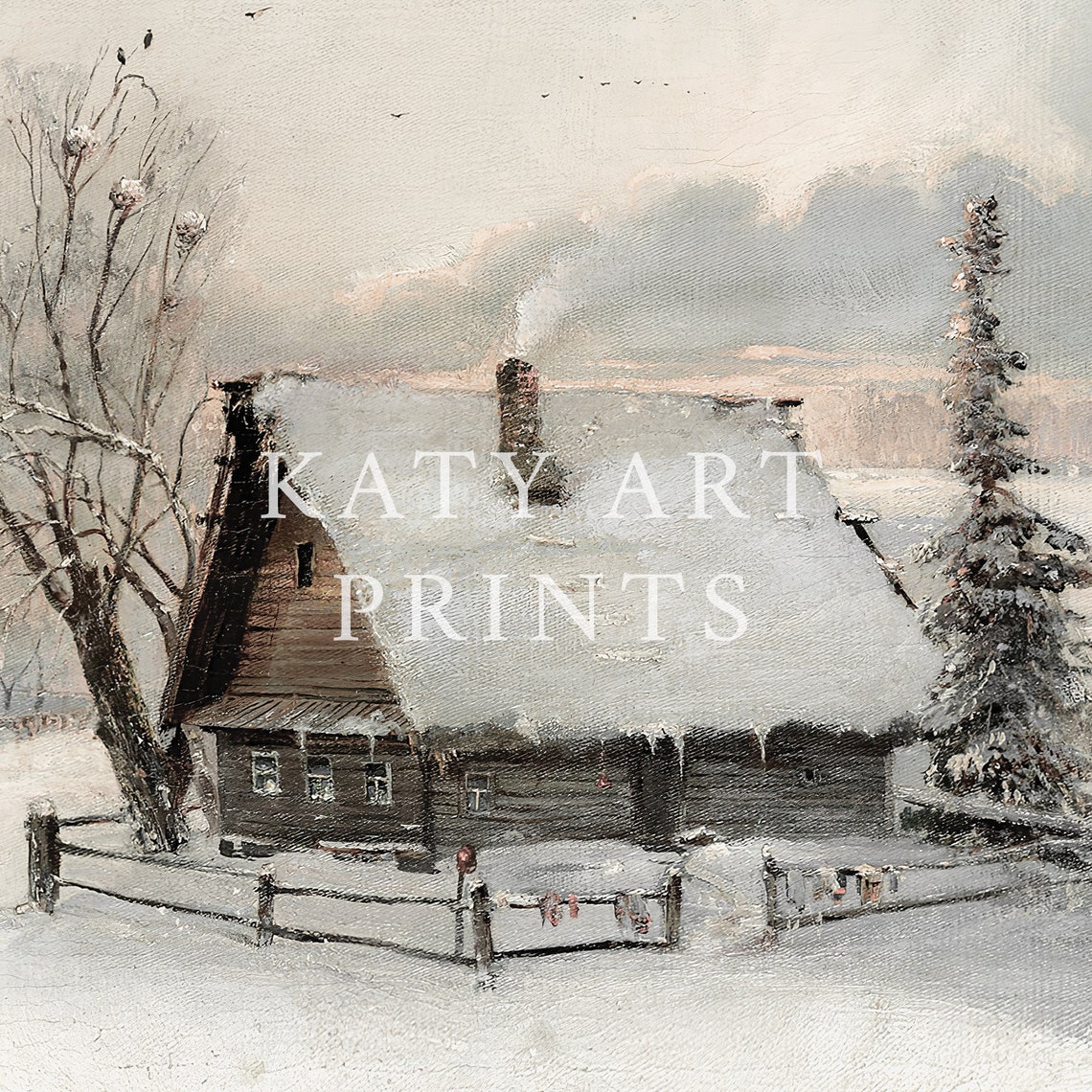 Vintage Cabin Painting Antique Winter Art Print Country Landscape Oil Painting Download H 166 - Image 2