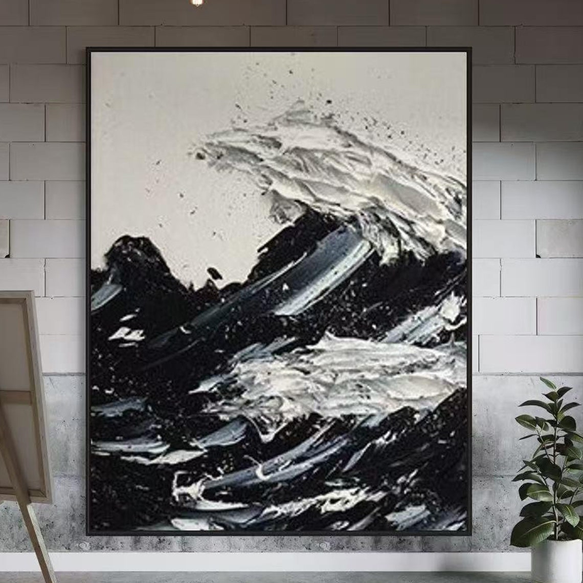 Black and White Dramatic Wave Thick Texture Vertical Abstract Wall Art