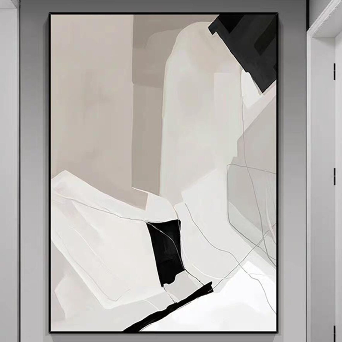 Black White Beige Geometric Shapes Thin Line Abstract Poster