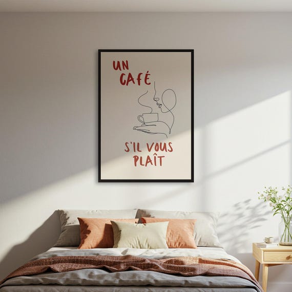Un Caf Sil Vous Plat Poster Coffee Line Art Wall French Quote Print Minimalist Kitchen Decor Framed Or Unframed