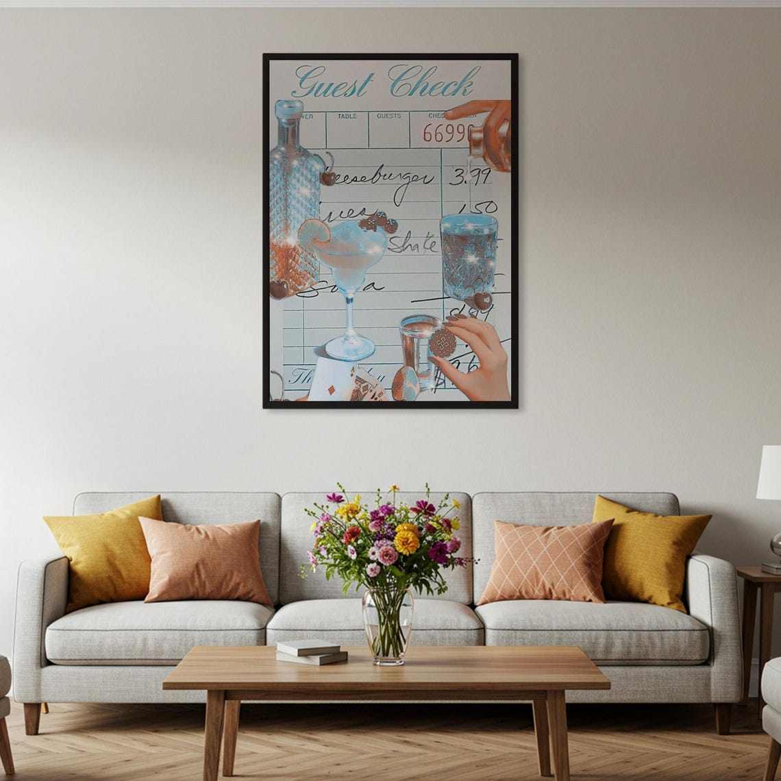 Guest Check Retro Cocktail Collage Blue Martini Bar Decor Poster - Image 2