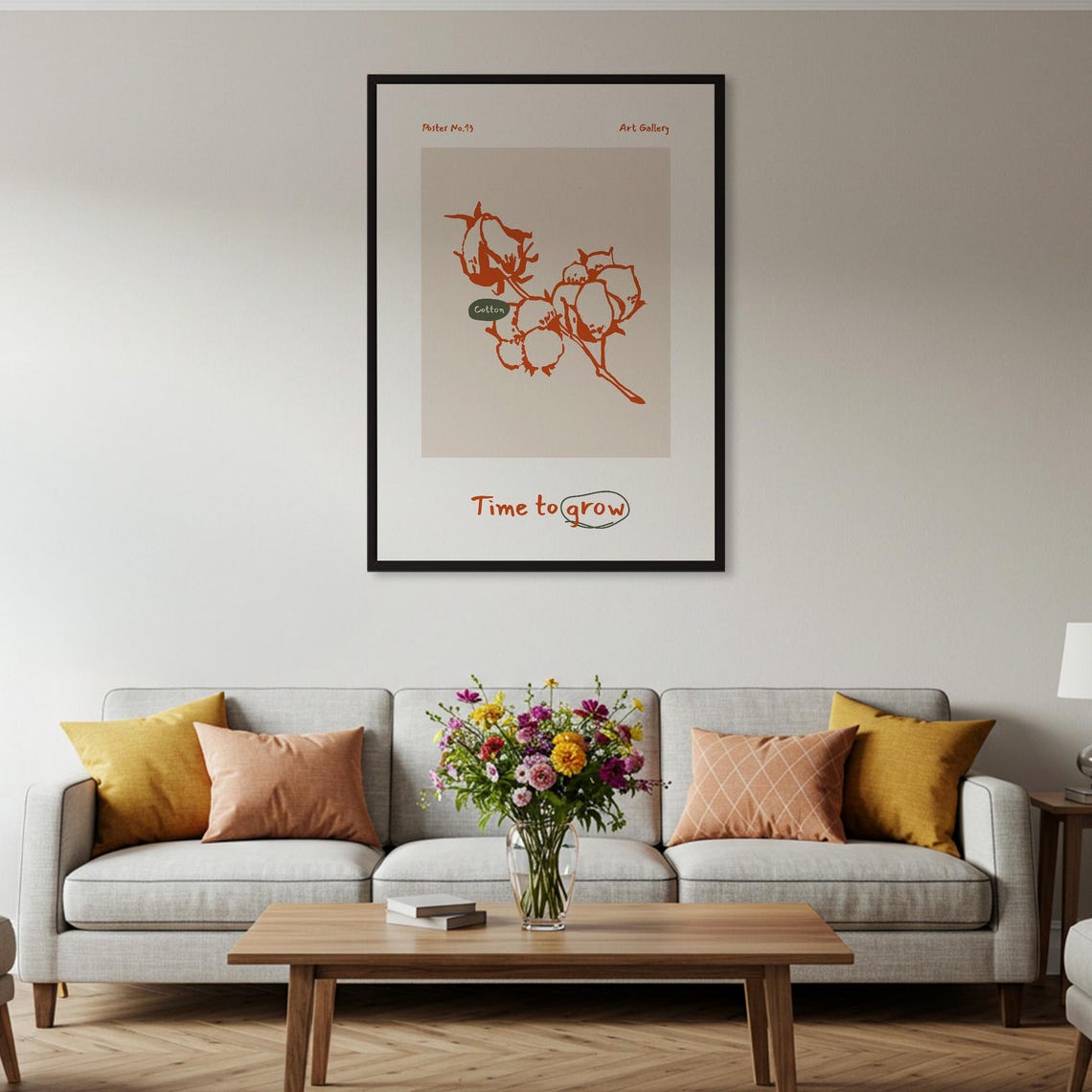Time To Grow Orange Botanical Cotton Line Art Minimalist Poster - Image 2