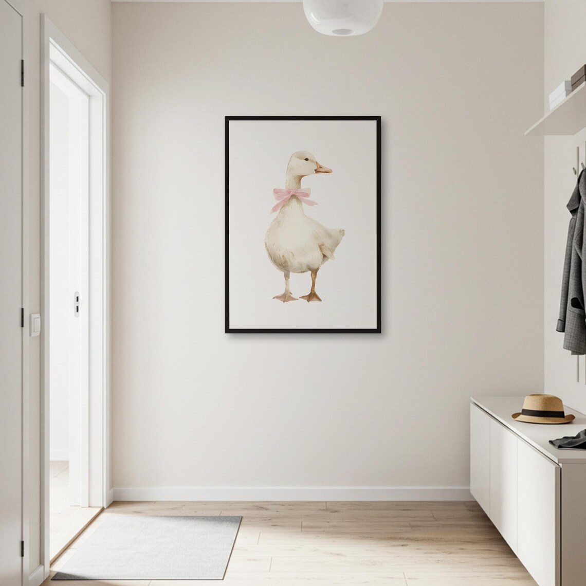 Cute Duck With Pink Bow, Watercolor Nursery Animal Art - Image 2