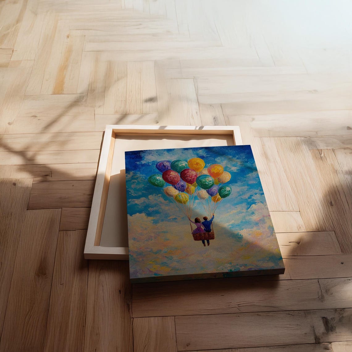 Romantic Couple Flying With Colorful Balloons Sky Art Poster - Image 2