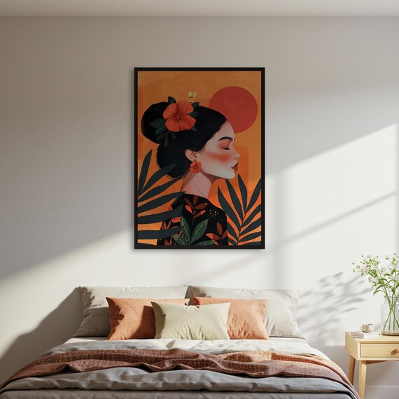 Woman With Tropical Flowers Art Poster Modern Illustration Wall Print Framed Unframed Floral Decor Bedroom