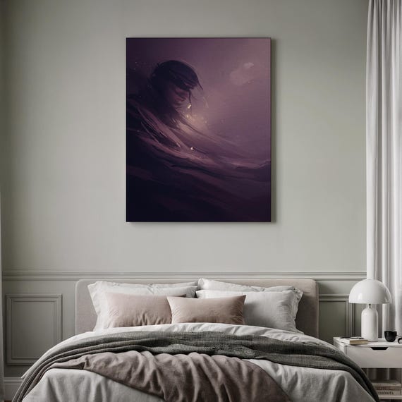 Emotional Woman Art Abstract Purple Face Framed Fantasy Dark Moody Portrait Gothic Canvas Unique Gift For Her Modern