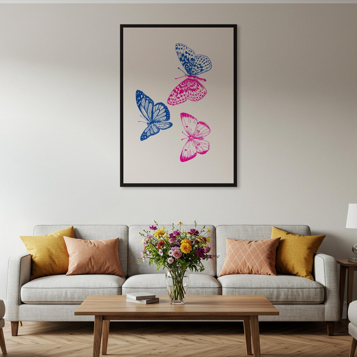 Blue Pink Butterflies Line Art Delicate Insect Illustration Poster - Image 2