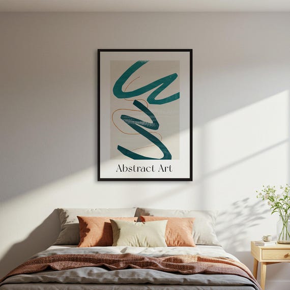 Abstract Art Poster Teal Orange Line Modern Minimalist Wall Contemporary Scribble Decor Beige Neutral Print Green