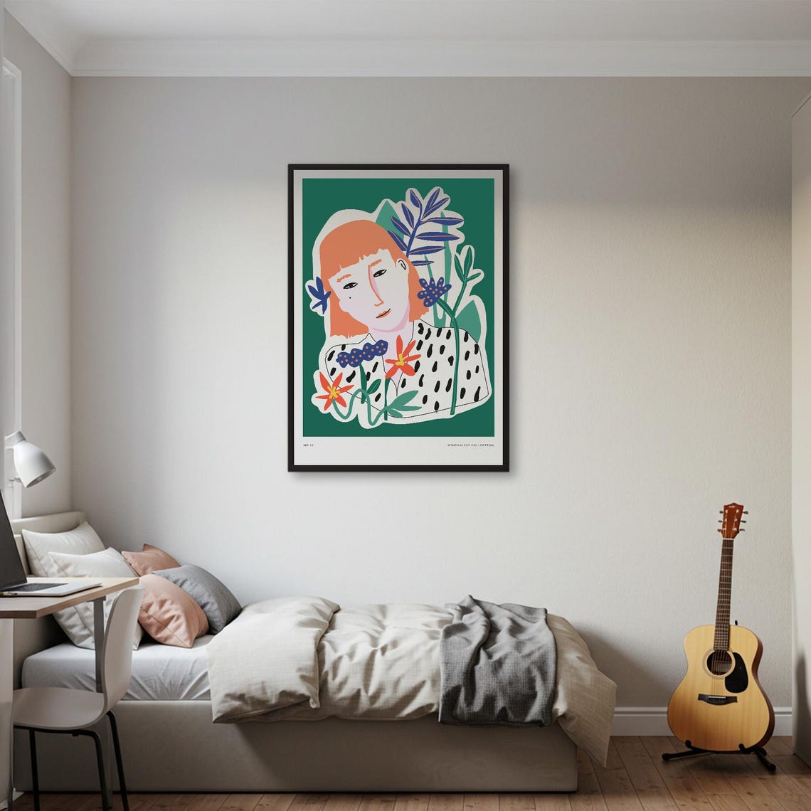 Red Haired Woman Floral Illustration Green Minimalist Art Poster - Image 2