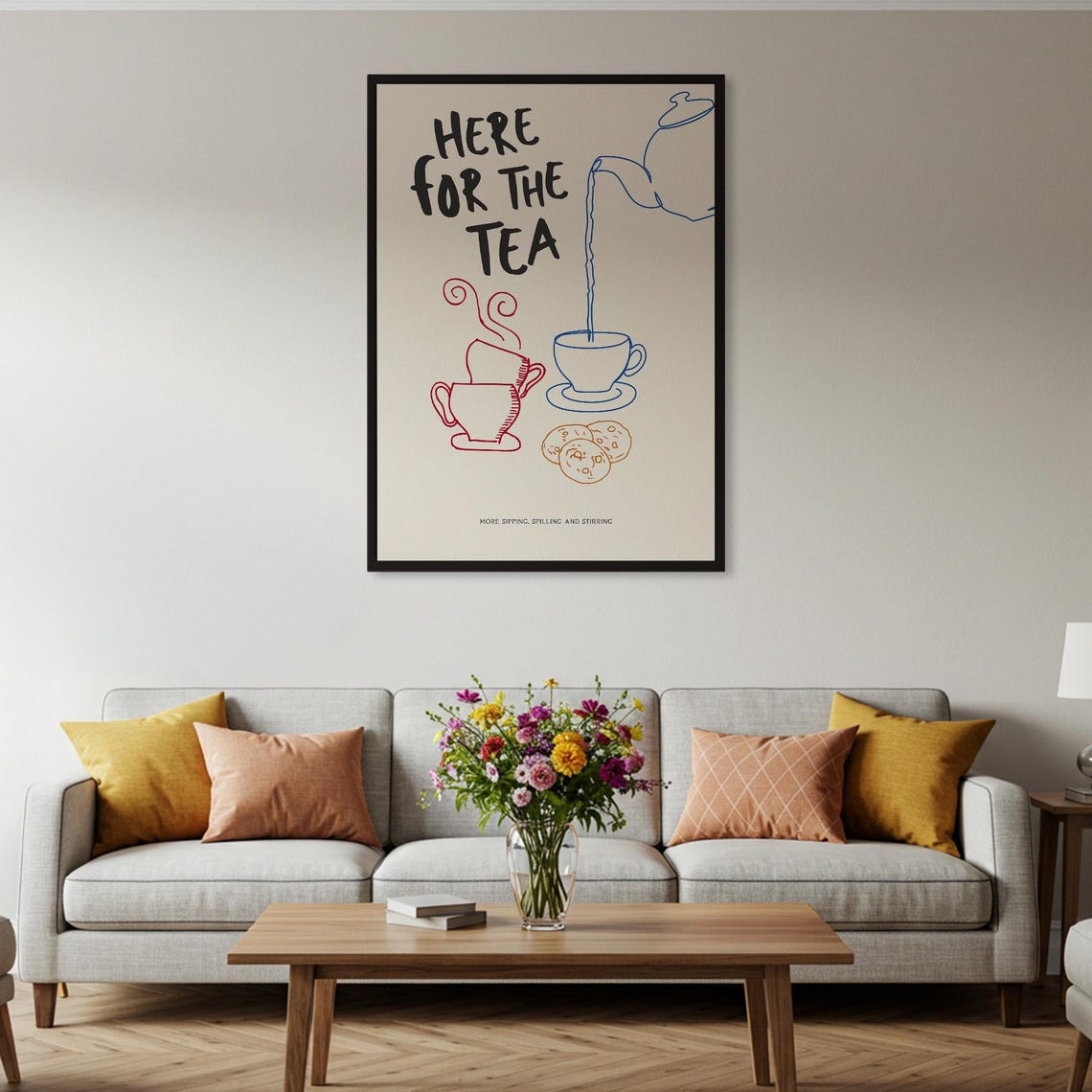 Here For The Tea Poster Print Funny Quote Kitchen Wall Art Minimalist Doodle Decor Red Blue Sketch - Image 2